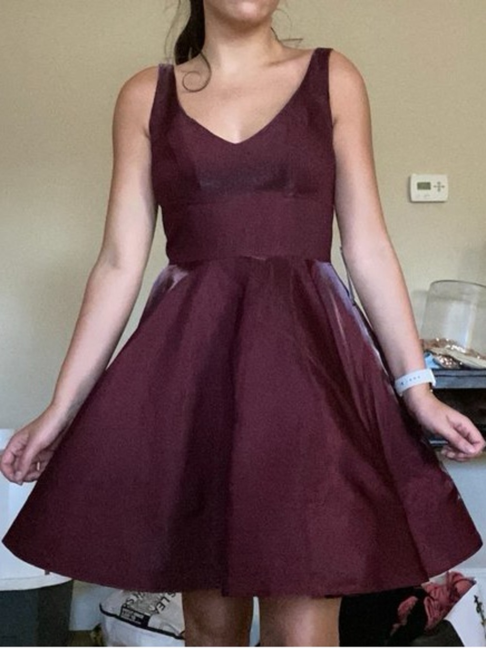XSCAPE Liquid Organza Burgundy Maroon Red Fit Flare Mini Dress Prom Hoco Formal